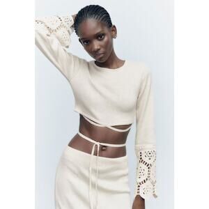 Zara Women's Cream Ecru Crochet Knit Boho Long Sleeve Cut Out Crop Top Size S